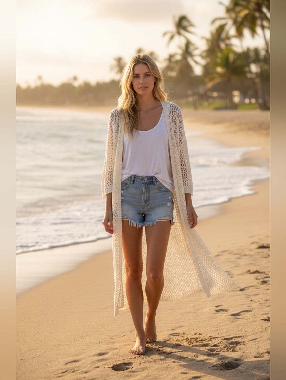 RESERVED YFL Ivory Open Knit Beach Cardigan Size Sm Knee-length